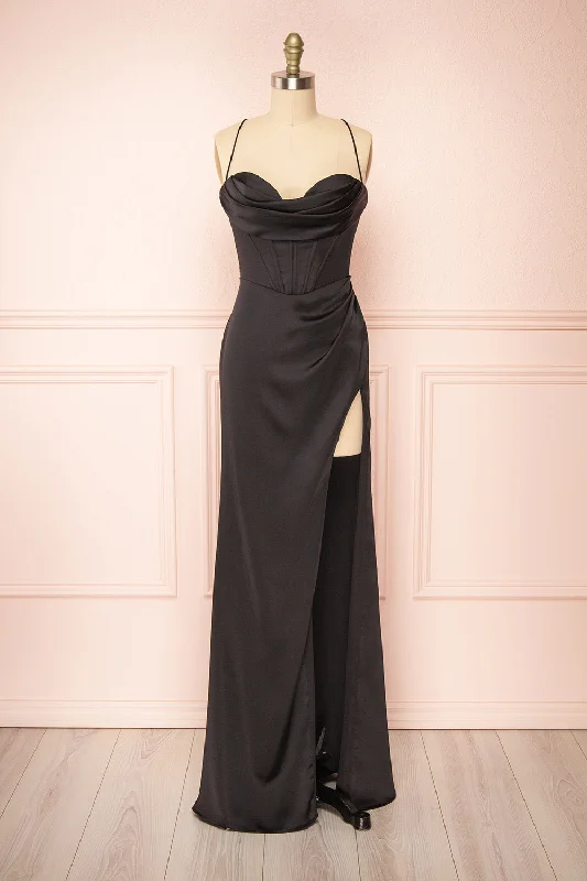 Kesha Black | Corset Cowl Neck Maxi Dress