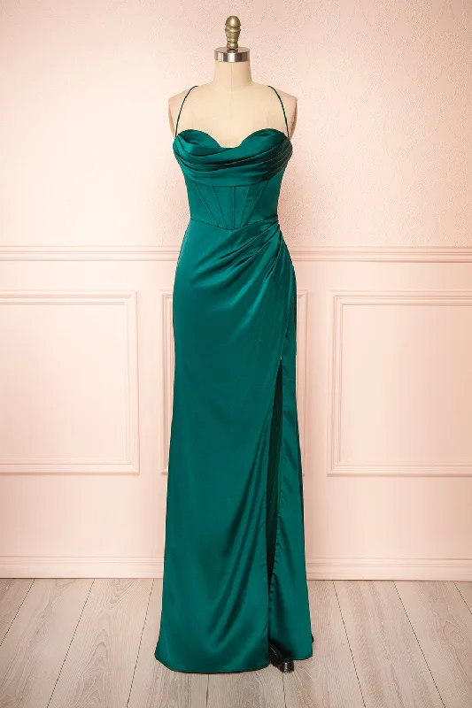 Kesha Green | Corset Cowl Neck Maxi Dress