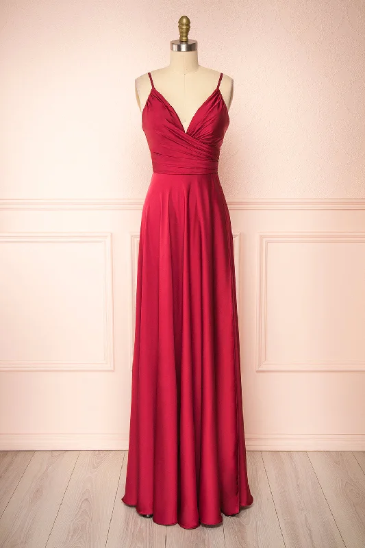 Lizza Burgundy | Satin Maxi Dress w/ Slit