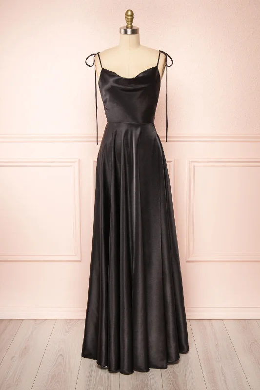 Moira Black | Cowl Neck Satin Maxi Dress w/ High Slit