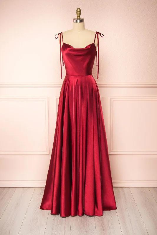 Moira Burgundy | Cowl Neck Satin Maxi Dress w/ High Slit