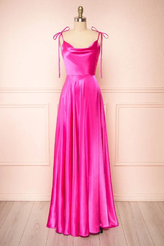 Moira Fuchsia | Cowl Neck Satin Maxi Dress w/ High Slit