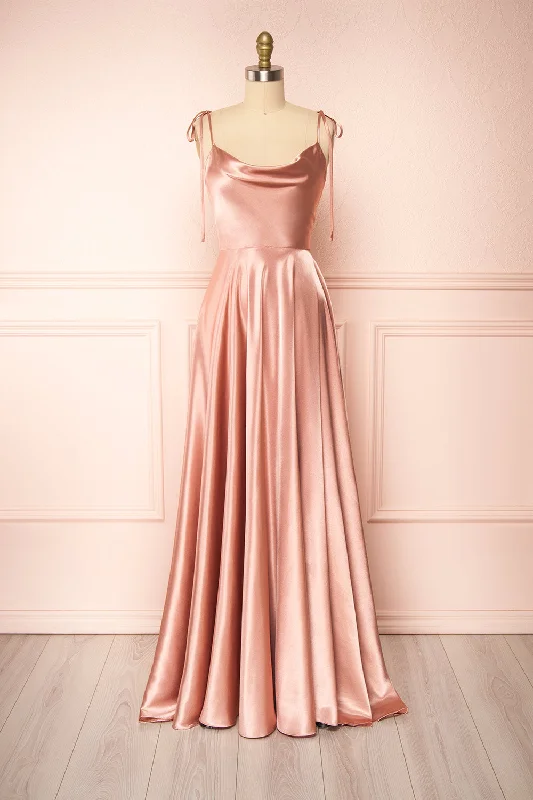 Moira Pink | Cowl Neck Satin Maxi Dress w/ High Slit