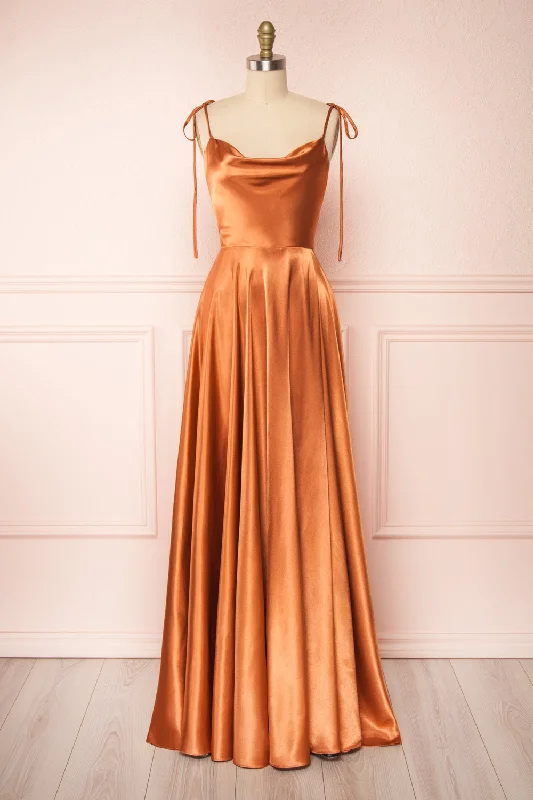 Moira Rust | Cowl Neck Satin Maxi Dress w/ High Slit