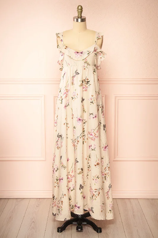 Queenie Beige | Floral Maxi Dress w/ Ruffled Straps