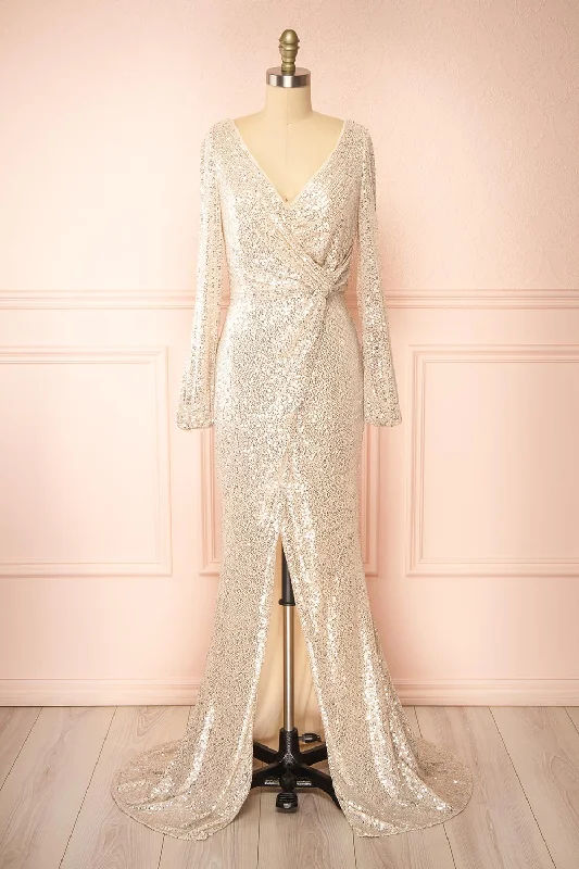 Roxy Champagne | Sequins Long-Sleeved Maxi Dress