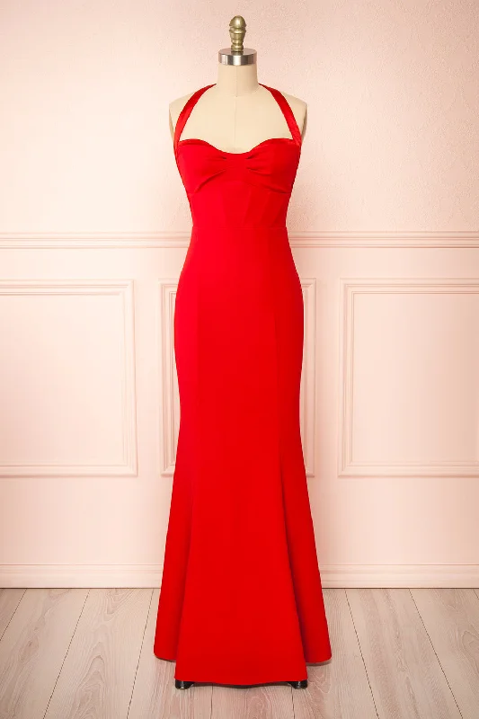 Sandra Red | Halter Mermaid Maxi Dress w/ Open Back