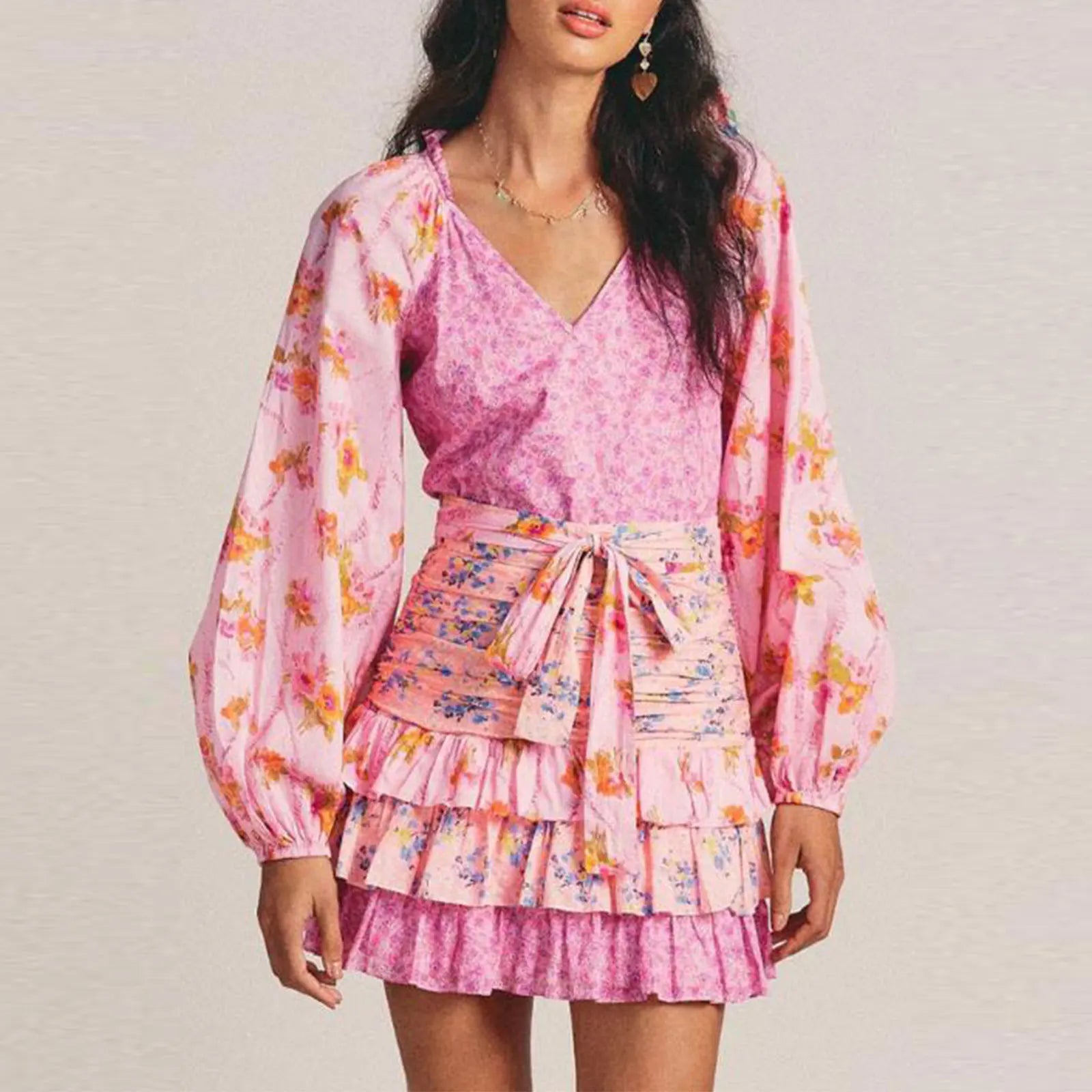 Layered Patchwork Belted Mini Sun V Neck Long Sleeve Boho Dress