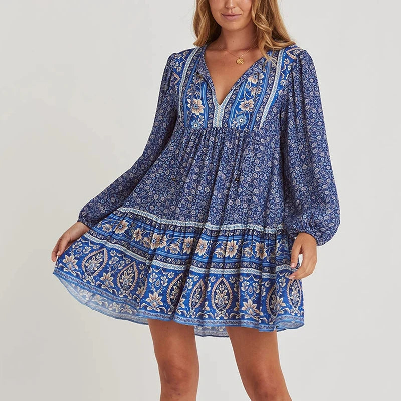 FashionSierra-Blue Cotton  Floral Print  Tunic  Mini  Women  Long Sleeve  Robe  Autumn  Short  Femme  Vintage  Loose  Vestidos Boho Dress