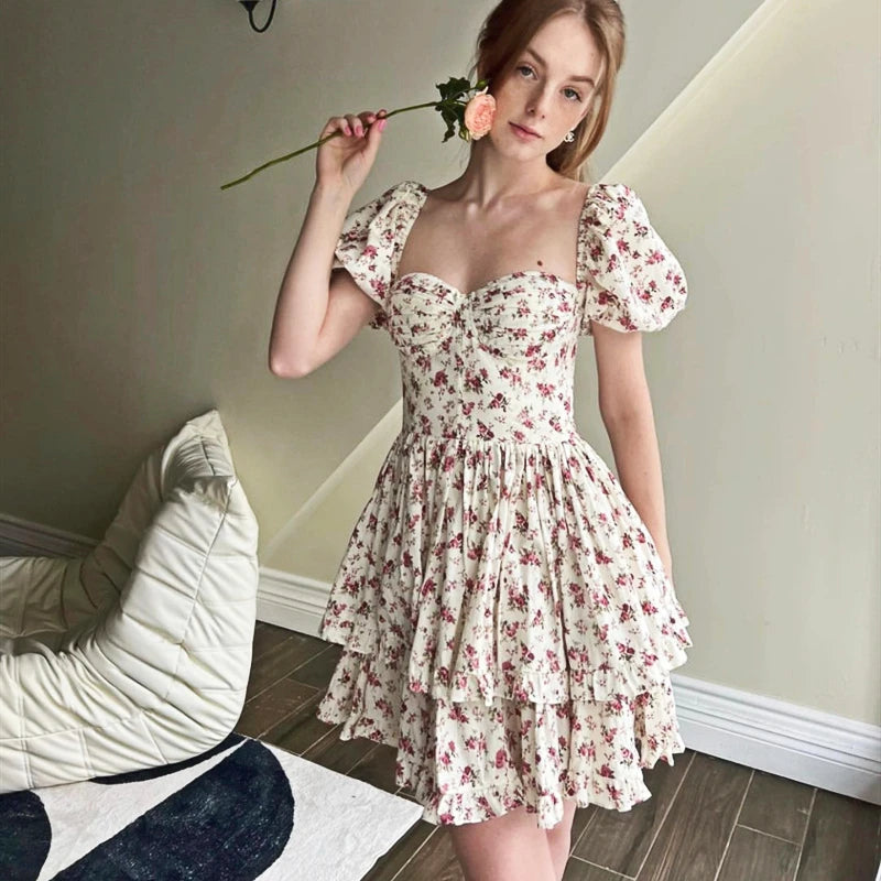 FashionSierra-Floral Print  Ruffles  Mini  Party  Vintage  Square Collar  Puff Sleeve  Backless  Elegant Boho Dress