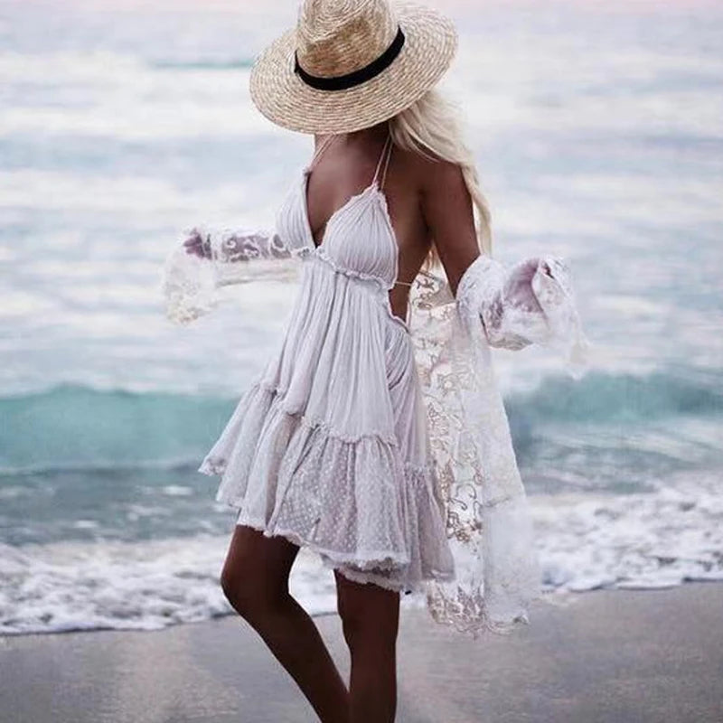 FashionSierra-Sexy  Deep V Neck  Sleeveless  Backless  Mini  Women  Summer  Beach  Lace  Vestidos  2024  Boho Dress