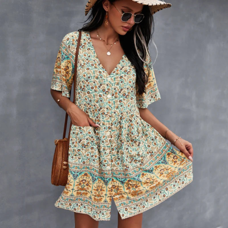 FashionSierra-Women  Summer  Pockets  Button  Loose  2024  V Neck  Floral Print  Short Sleeve  Vintage  Mini  Ladies Boho Dress