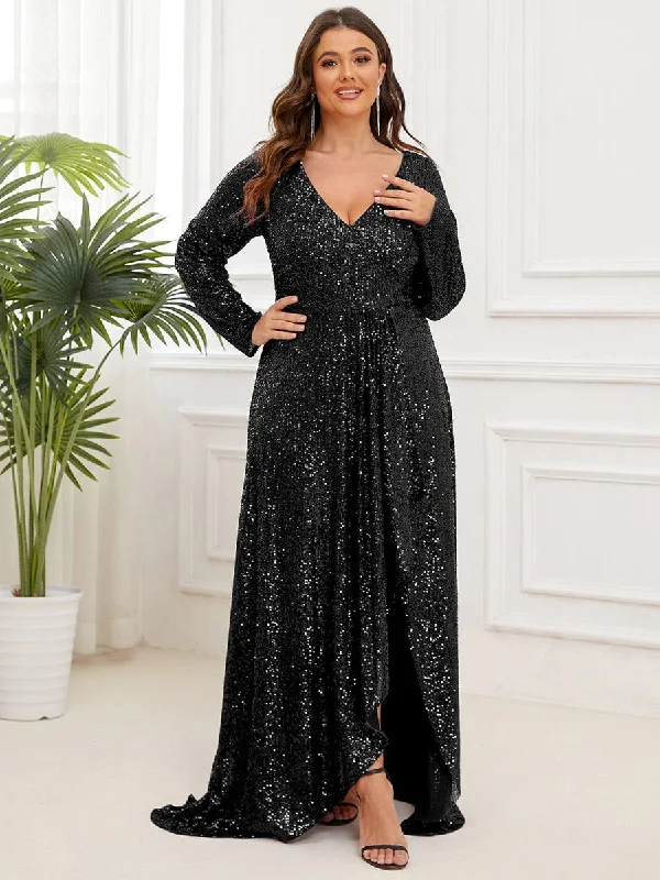 Plus Size Sequin V-Neck Long Sleeve High Slit Bodycon Evening Dress