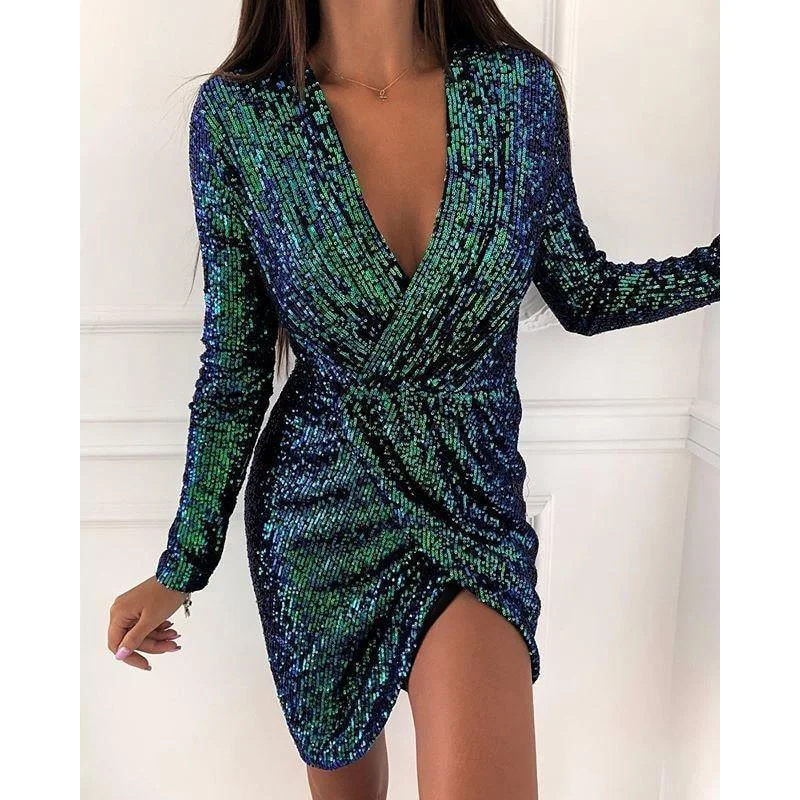 FashionSierra - Women Long Sleeve V-neck Mini Party Dress Sequin Sexy Vestidos