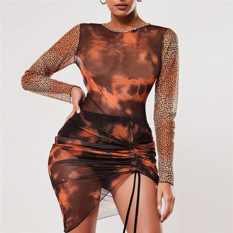 FashionSierra - Transparent Mesh Long Sleeve Dress Women Lirregular Lace Up Mini Party Dress O Neck Club Nightwear Vestidos De Verano