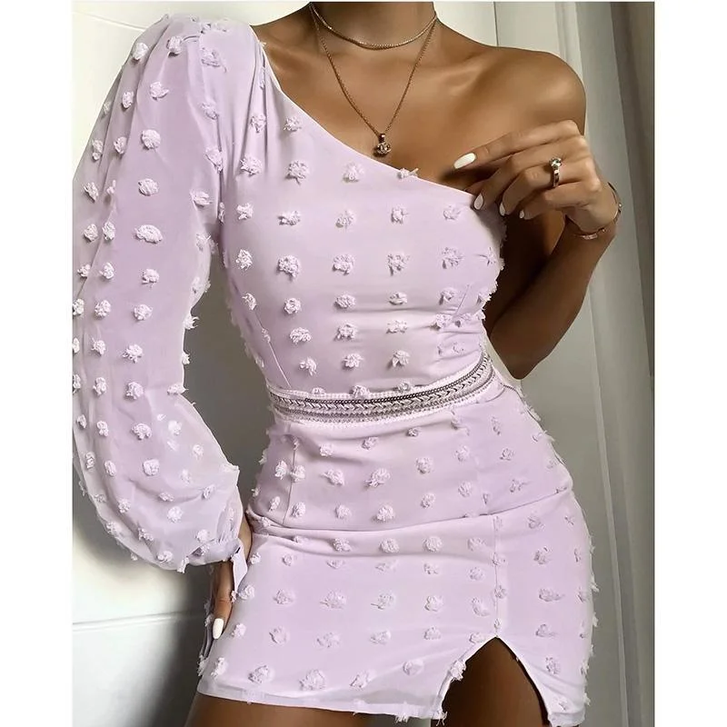 FashionSierra - Women One Shoulder Long Sleeve Dress Slit Hem Bodycon Chiffon Dress Summer Fashion Mini Party Dresses Sexy Vestidos