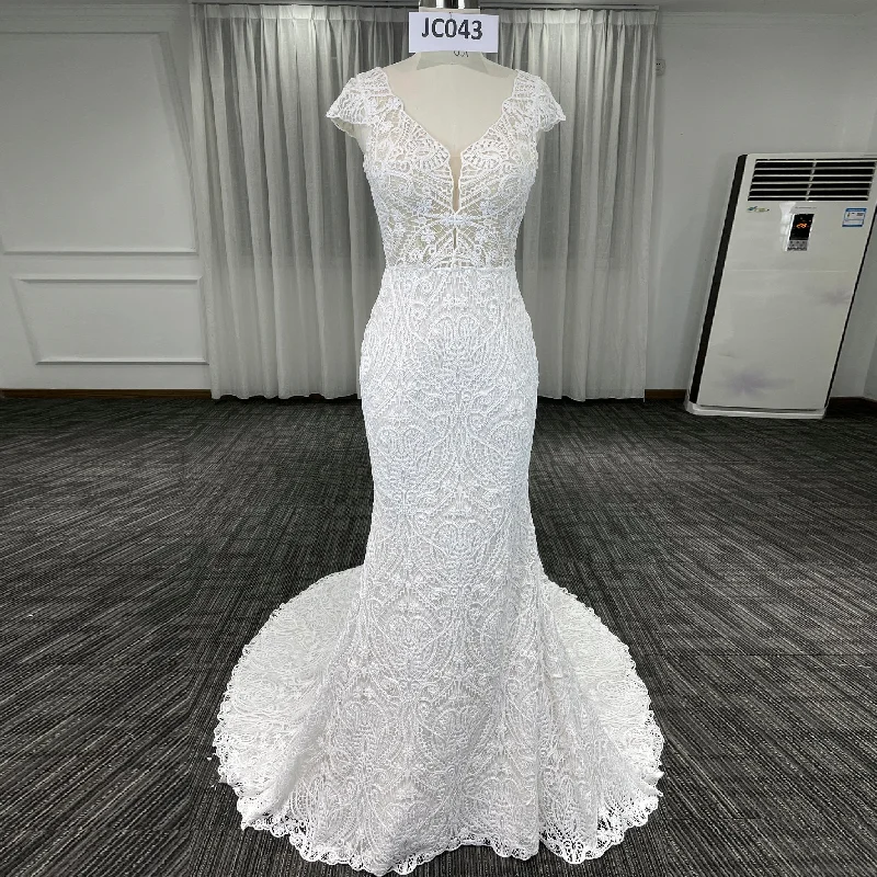 Allover Lace Cap Sleeve Mermaid Wedding Dress with Keyhole Back