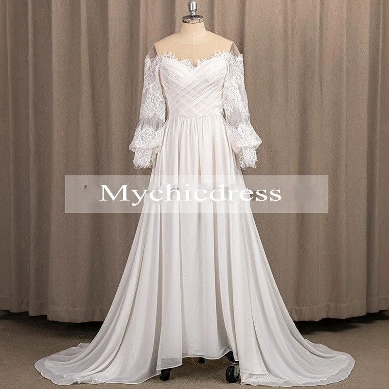 Bohemian Wedding Dresses Chiffon Long Sleeve Off Shoulder Boho Bridal Gowns