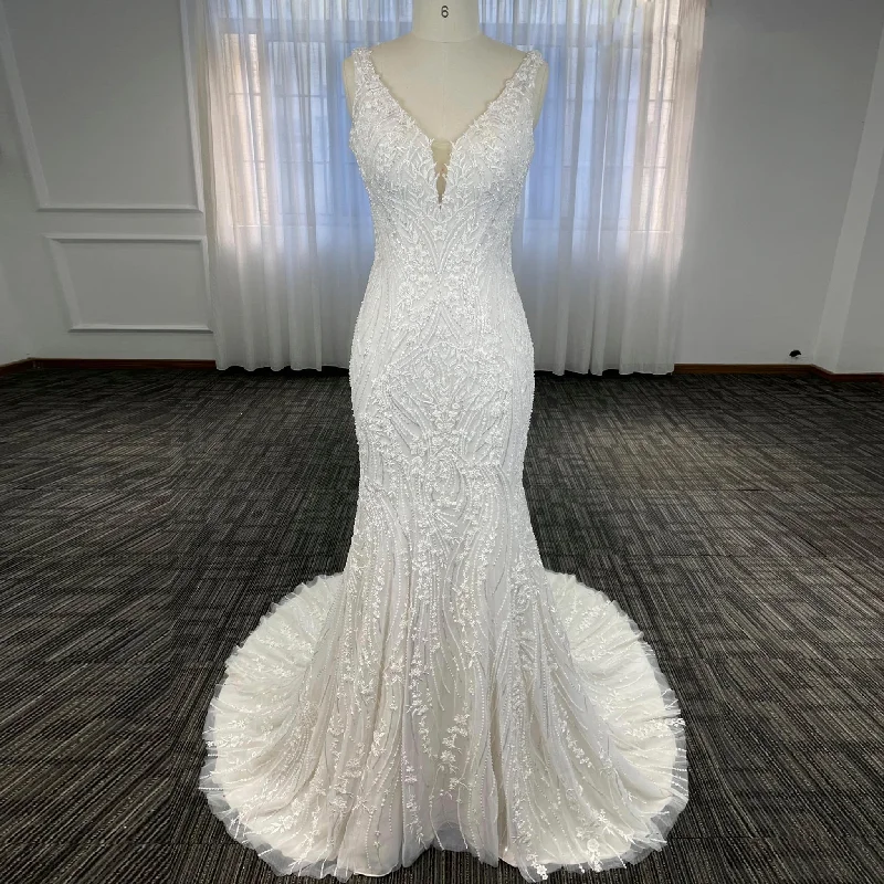 Deep V-Neck Glitter Lace Mermaid Wedding Dresses with Open Back