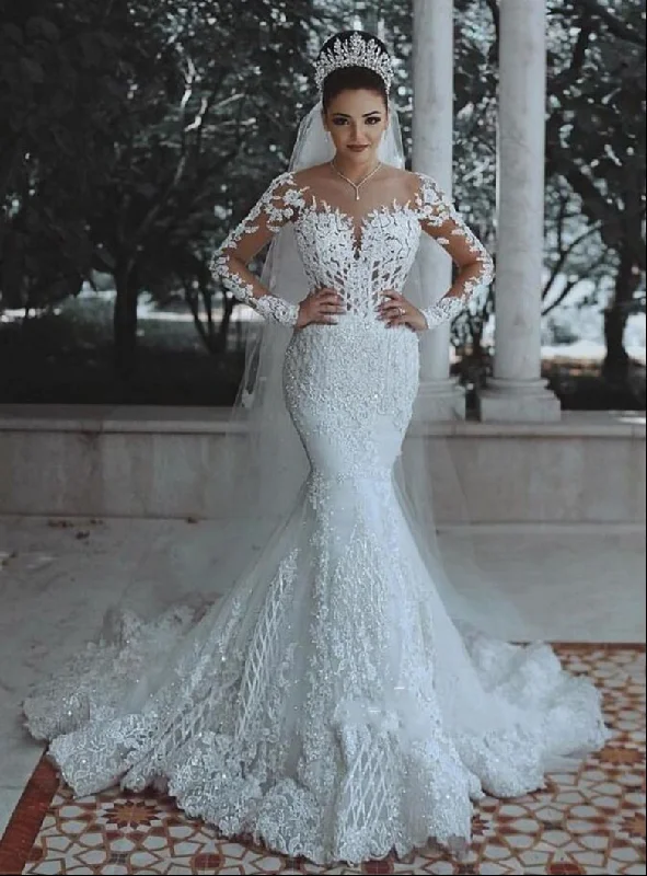 Gorgeous Vintage Wedding Dresses Lace Long Sleeves Mermaid Wedding Gown