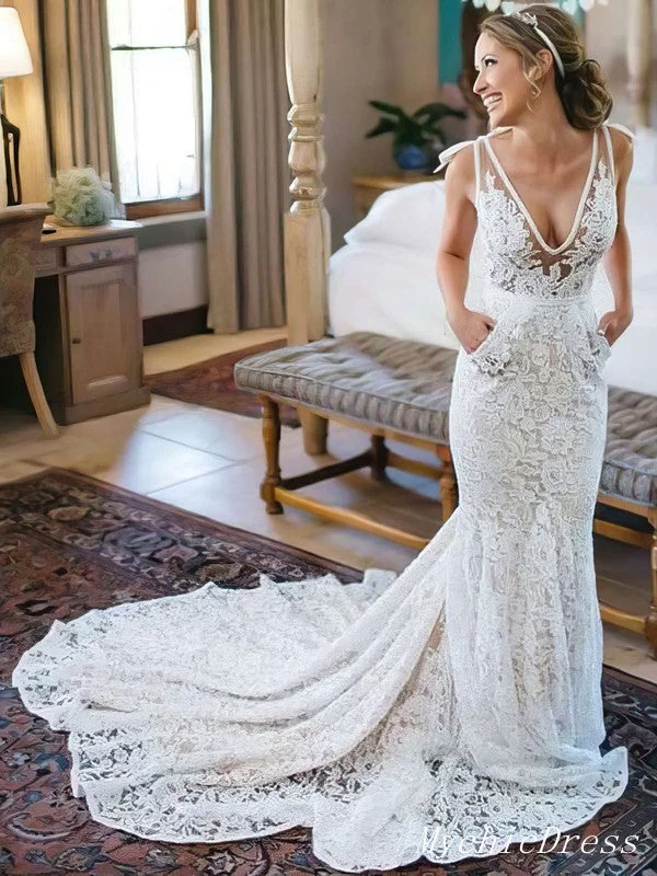 Hot Beach Wedding Dresses Lace Boho Mermaid Bridal Gowns Court Train