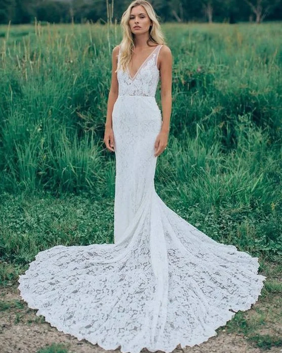 Hot Simple Lace Boho Beach Wedding Dresses V Neck Long Bridal Gown