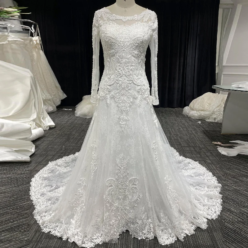 Long Sleeve A-line Lace Wedding Dress for Timeless Elegance