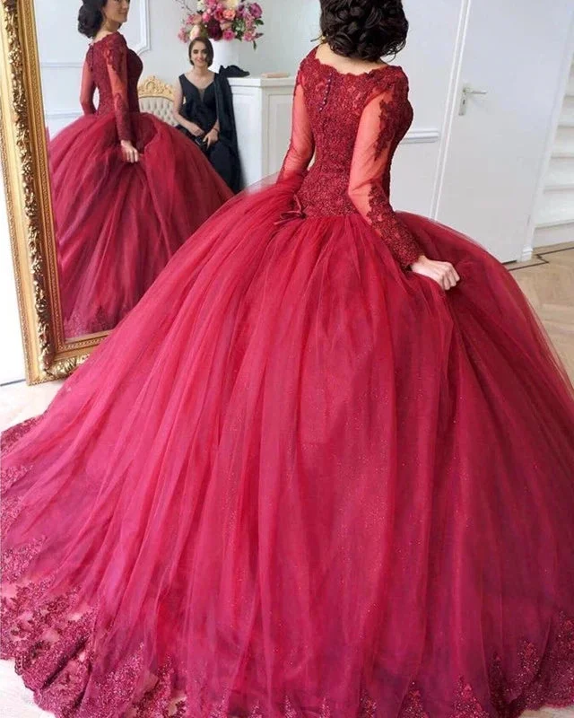 Long Sleeves Ball Gowns Wedding Dresses Lace Maroon Quinceanera Dresses