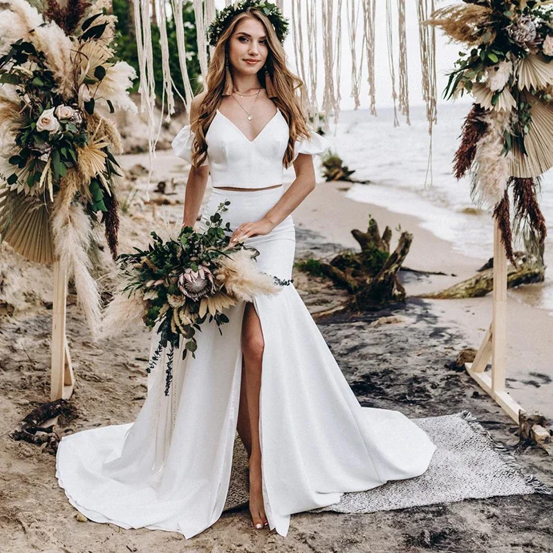 Mermaid Two Piece Beach Wedding Dresses with Split Summer Maxi Dresses