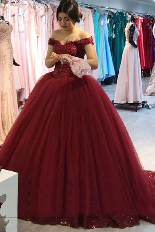 Off Shoulder Tulle V-neck Lace Burgundy Wedding Dresses Ball Gowns