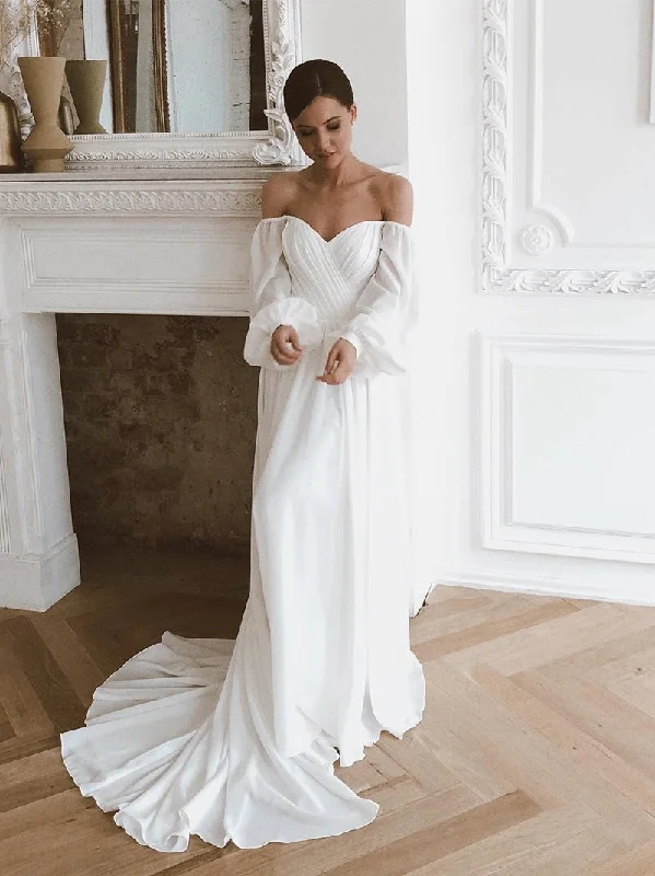 Off the Shoulder Chiffon Beach Puff Sleeve Wedding Dresses