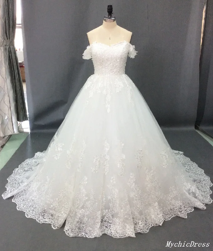 Real Lace Vintage Wedding Dresses UK A Line Off the Shoulder Bridal Gowns