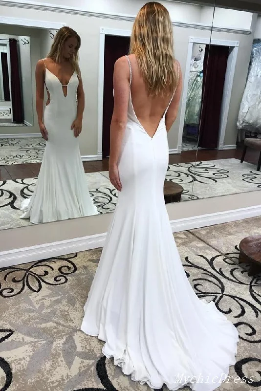 Simple Ivory Satin Beach Wedding Dresses UK Long Mermaid Maxi Dress