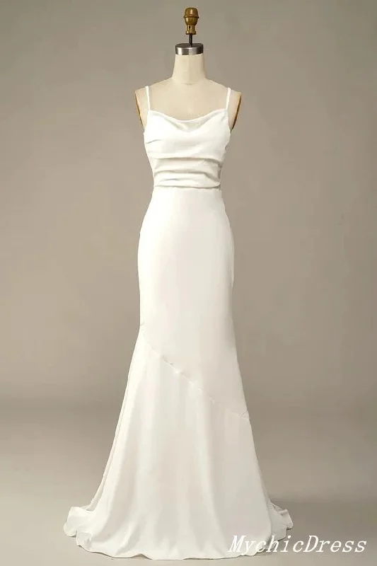 Simple Long Soft Satin Ivory Beach Wedding Dresses Summer Wedding Gown UK