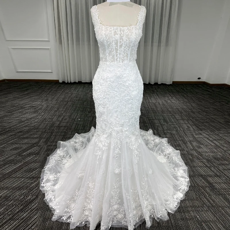 Trumpet Lace Square Neckline Wedding Dresses with Sheer Bodice