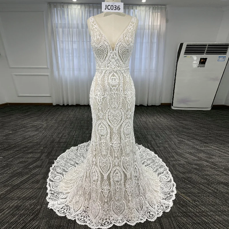 Women's Floral Lace Wedding Mermaid Dress with Sexy Vneck