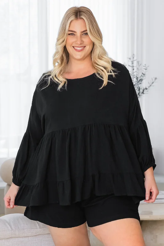 Daisy Babydoll Linen Top Jet Black