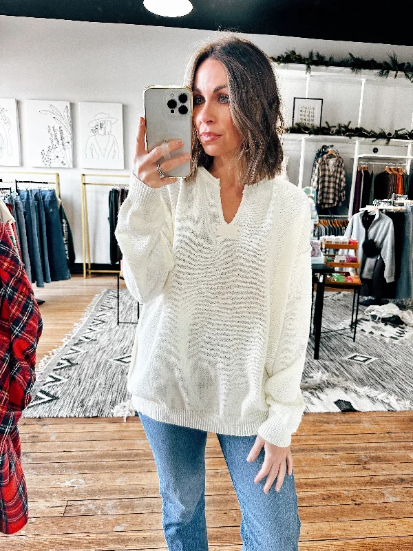 Notched Neck Long Sleeve Sweater-2 Colors