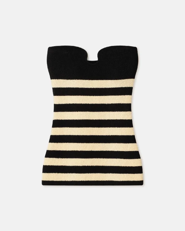 Zessa - Striped Terry-Knit Bandeau Top - Creme/Off Black